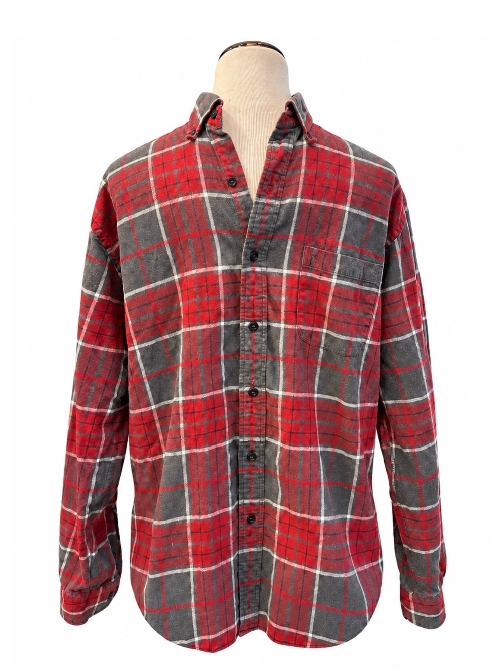 Lands’ End 90’s Grunge Red & Gray Plaid Button Down Sz L